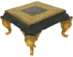Brass Platform Chowki with Elephant Legs: Square Plinth for Statue, Idol, Vase or Artifacts in Antique Gold Black Polish (11950A)