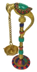 Brass Peacock Oil Lamp: Hanging 5-Diya Deepam with Gemstones (11577A)