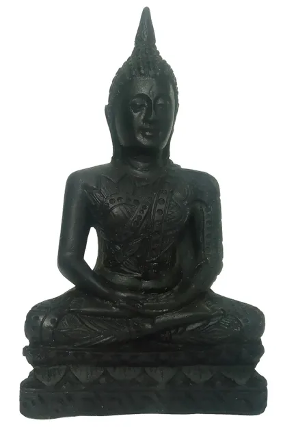 Resin Idol Lord Buddha in Sitting, Meditating Posture: Black Granite Finish Statue (12178)