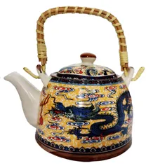 Ceramic Kettle 'Yellow Dragon': 500 ml Tea Coffee Pot, Steel Strainer Included (12210)