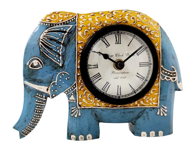 Wooden Table Clock 'Painted Elephant': Vintage Design Silent Quartz Timepiece (12230)