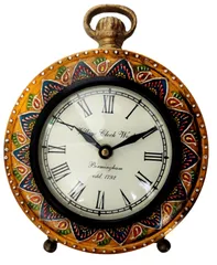 Wooden Table Clock 'Painted Sun': Vintage Design Silent Quartz Timepiece (12231)