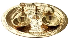Pooja Plate Thali: Diya, 2 Katori Bowls, Sindoor-Chawal Box, Incense Sticks Stand (12238)