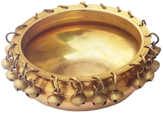 Brass Urli with Bells: Decorative Bowl for Water, Floating Candles, Flowers or Oil Lamps, 6 inches (12241)