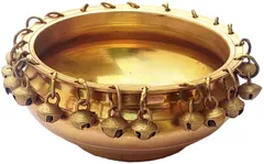 Brass Urli with Bells: Decorative Bowl for Water, Floating Candles, Flowers or Oil Lamps, 6 inches (12241)