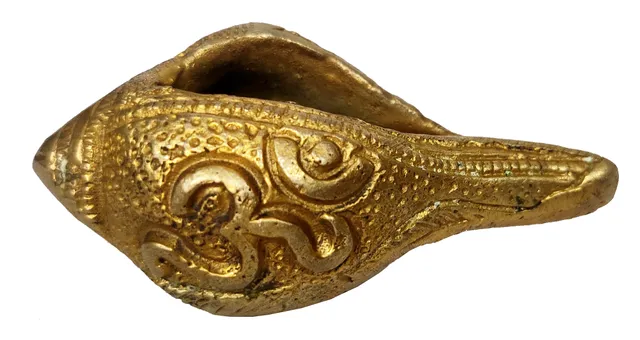 Brass Shankha: Holy Conch Design Small Idol with Hindu Symbols (12248)