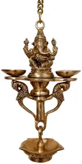 Brass Ganesha Nila Vilakku 7-batti Hanging Diya: Peacocks Design Majestic Oil Lamp Deepak (12253)