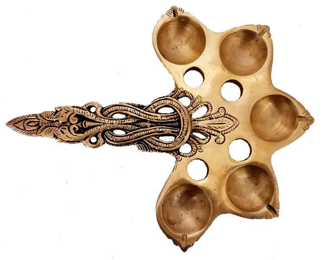 Brass 5 Batti Aarti Deepam: Antique Handheld Oil Lamp Diya for Home Temple (12260)