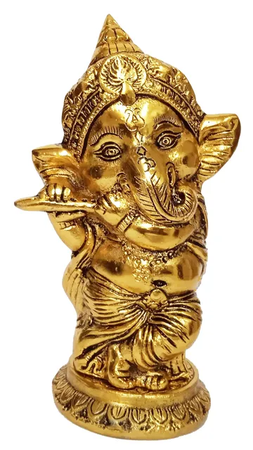 Metal Statue Ganesha Ganapti Playing Flute (12267)