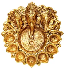 Metal Plate Puja Thali: 3 Ganesha & 7 Diya (12272)