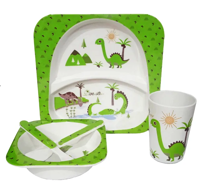Plastic Dinner Set for Children 'Happy Dinos': Plate with 2 Slots, Bowl, Glass, Spoon & Fork (10627C)