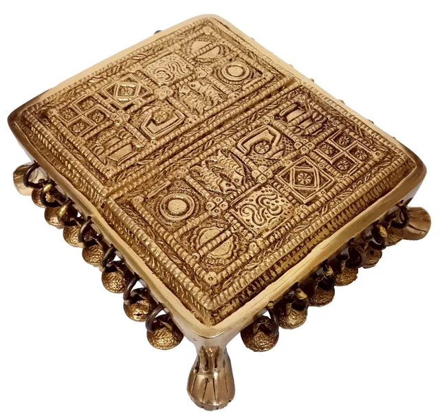 Brass Platform Chowki with Holy Symbols Carving: Square Plinth for Statue, Idol, Vase or Artifact (12275)