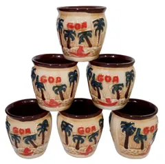Ceramic Kulhar Cups Goa Beach: Indian Souvenir Memorabilia Set Of 6 Small Mugs (10044)
