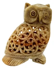 Soapstone Statue Triple Nested Owls: Lattice Design Rare 3 Layer Jaali Work Mesh Sculpture (11660A)