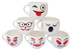 Ceramic Mug Set: 6 White Tea Coffee Cups In Emoji Designs, Fun Party Gift (12311)
