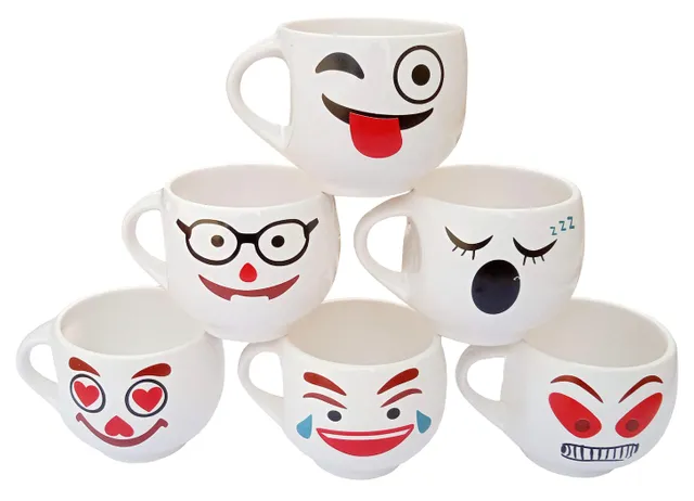 Ceramic Mug Set: 6 White Tea Coffee Cups In Emoji Designs, Fun Party Gift (12311)
