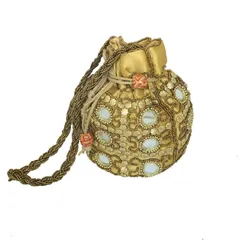 Potli Bag (Clutch, Drawstring Purse) For Women With Intricate Gold Thread & Sequin Embroidery Work (Golden Color,11270)