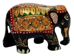 Wooden Statue Royal Elephant: Golden Meenakari Art Painting By Folk Artisans (12329)