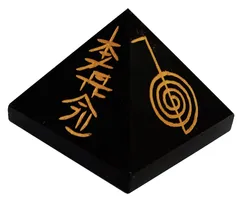 Black Tourmaline Pyramid with Reiki Symbols: Good Luck Healing Charm, Divine Spiritual Crystal Stone (12333)