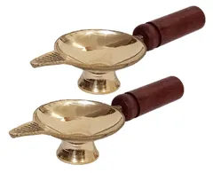 Brass Puja Diya Holy Lights With Handle: Set of 2 Oil Lamps Deepak For Festive Decor Or Regular Use (12361)