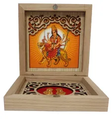 Wooden Gift Box: Sherawali Ma Durga Painting With Golden Feet Paduka (12394B)