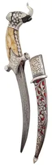 Collectible Dagger: Antique Elephant Design Camel-bone Hilt, Damascus Steel Blade, Hand-Engraved Scabbard, 9 inches (A20047)