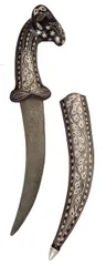 Antique Dagger Knife: Ram Or Mountain Sheep Design Hilt, Damascus Iron Blade, & Silver Wire Koftgari Sheath (A20049)