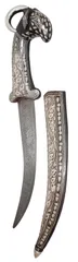 Antique Dagger Knife: Goat Design Hilt, Damascus Iron Blade, & Silver Wire Koftgari Sheath (A20050)
