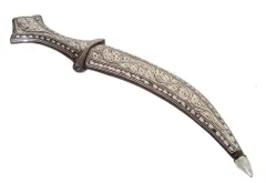 Antique Dagger Knife: Crown Design Hilt, Damascus Iron Blade, & Silver Wire Koftgari Sheath (A20051)