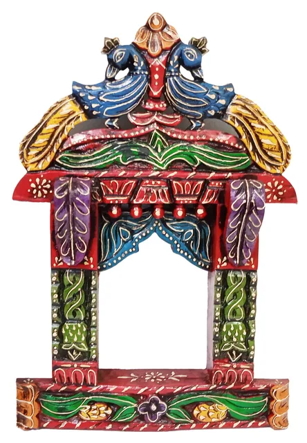 Wooden Wall Hanging Peacock Jharokha, Royal Palace Window: Vintage Showpiece, Multicolor, 18 Inches (12252B)