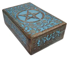 Wooden Decorative Box 'North Star': Handcarved Intricate Design, Vintage Blue (12344A)