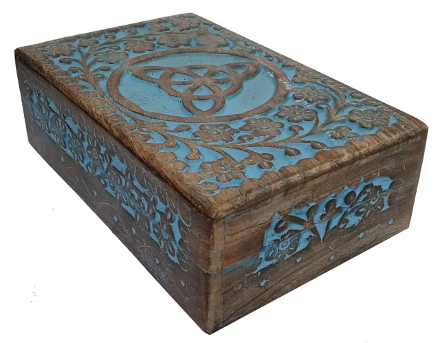 Wooden Decorative Box 'Triskelion': Handcarved Intricate Design, Vintage Blue (12345A)
