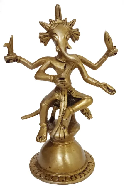 Brass Idol Lord Ganesha Ganapathi: Ancient Tribal Design Four Armed Statue (12412)