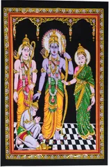 Cotton Wall Poster Ram, Sita, Lakshman & Hanuman: Spiritual Hanging Unframed Sheet, Multicolor (20093)