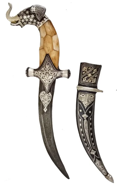 Collectible Dagger Knife: Antique Elephant Design With Camelbone Hilt, Damascus Steel Blade, Silver Inlay Scabbard, 9 inches (A20020)