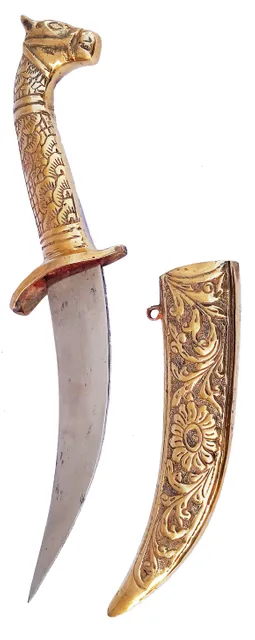 Vintage Katar Dagger Paper Cutter: Horse Design Hilt, Steel Blade & Engraved Brass Sheath (A20045)