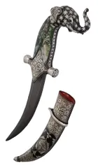 Vintage Dagger Knife: Antique Elephant Design with Mother of Pearl Overlay Hilt, Damascus Steel Blade, Silver Inlay Scabbard, 9 inches (A20040)