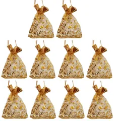 Polyester Net Brocade Gift Pouch, Gold, 4 Inches: Pack of 10 Potli Gift Bags (12438)