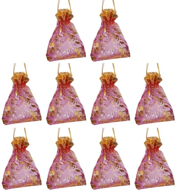 Polyester Net Brocade Gift Pouch, Fuschia Rani Pink, 4 Inches: Pack of 10 Potli Gift Bags (12437)