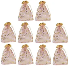 Polyester Net Brocade Gift Pouch, Pink, 7 Inches: Pack of 10 Potli Gift Bags (12080D)