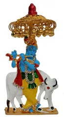 Metal Idol Chhatra Krishna: Collectible Statue Of Divine Kamdhenu With Gopala Under Canopy (12453)