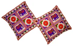Cotton Throw Pillow Cushion Covers 'Royal Elephants': Ethnic Design Embroidery, Set Of 2, 16 Inches (12445A)