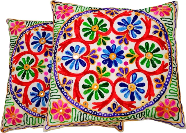 Cotton Throw Pillow Cushion Covers 'Pretty Fireworks' : Ethnic Design Embroidery, Set Of 2, 16 Inches (12445D)