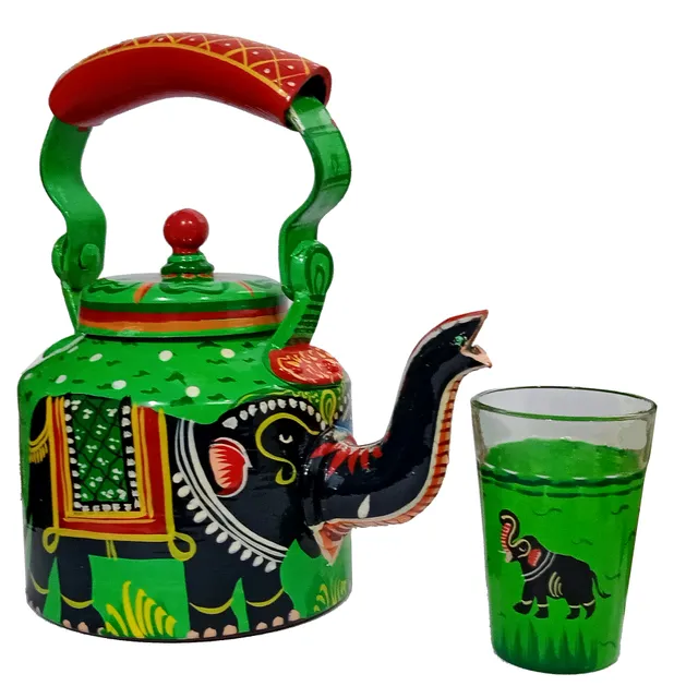 Aluminium Kettle & Glass Set: Handpainted Teapot Capacity 500ml, Indian Souvenir Gift (12461B)