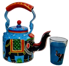 Aluminium Kettle & Glass Set: Handpainted Teapot Capacity 500ml, Indian Souvenir Gift (12461A)