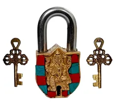 Brass Lock Padlock Ganesha: Antique Design With Colorful Gemstones; Unique Collectible Combination Of Beauty & Security With Religious Significance (11094)
