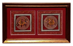Silk Cloth Painting Gorgeous Elephants (Set Of 2): Indian Rajasthani Intricate Artwork Framed For Table Top Or Wall Hanging; Collectible Miniature Art (12478)
