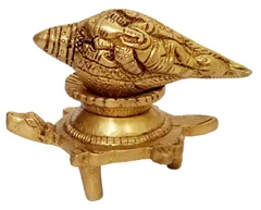 Brass Shankha: 2 Ganesha Design Holy Conch On Tortoise Stand (12483)