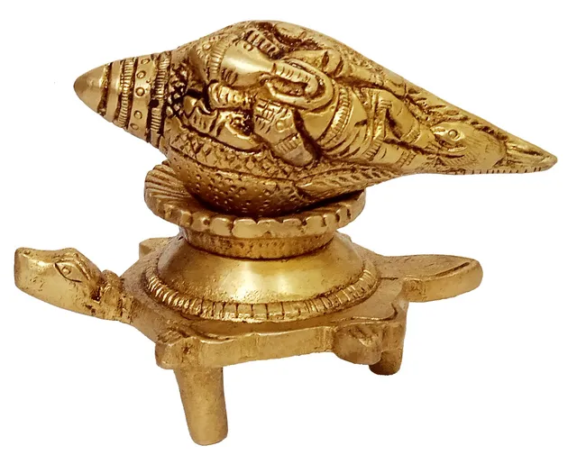 Brass Shankha: 2 Ganesha Design Holy Conch On Tortoise Stand (12483)