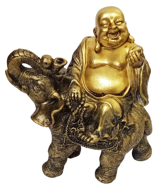 Resin Idol Laughing Buddha on Elephant: Rare Statue Feng Shui Vastu Good Luck Charm (12498)